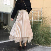 Kobine KHAKI / F Women's Korean Style Layered Reversible Long Skirt