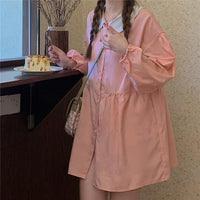 Kobine PINK / F Vestito rosa da donna con collo a bambola carino e maniche a sbuffo
