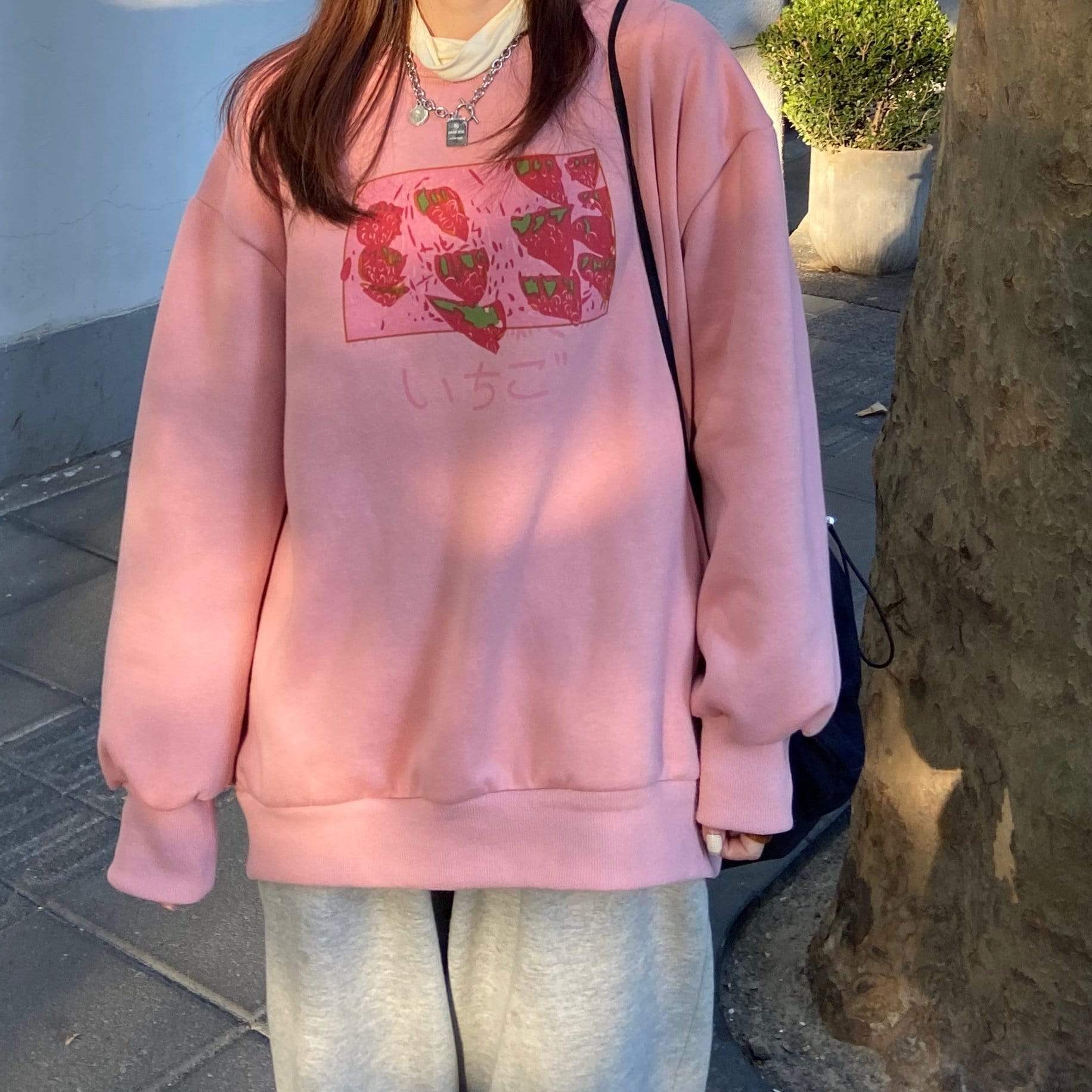 Kobine PINK / F Women's Cute Strawberry Printed Loose Sweatshirt