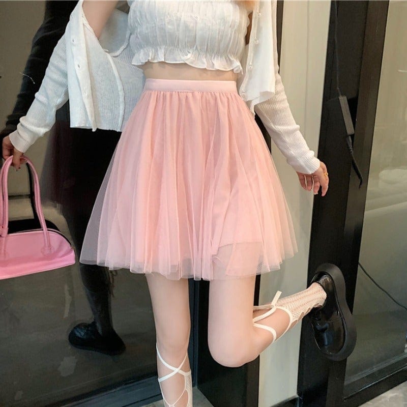 Kobine PINK / F Women's Kawaii Mesh Pleated Mini Skirt