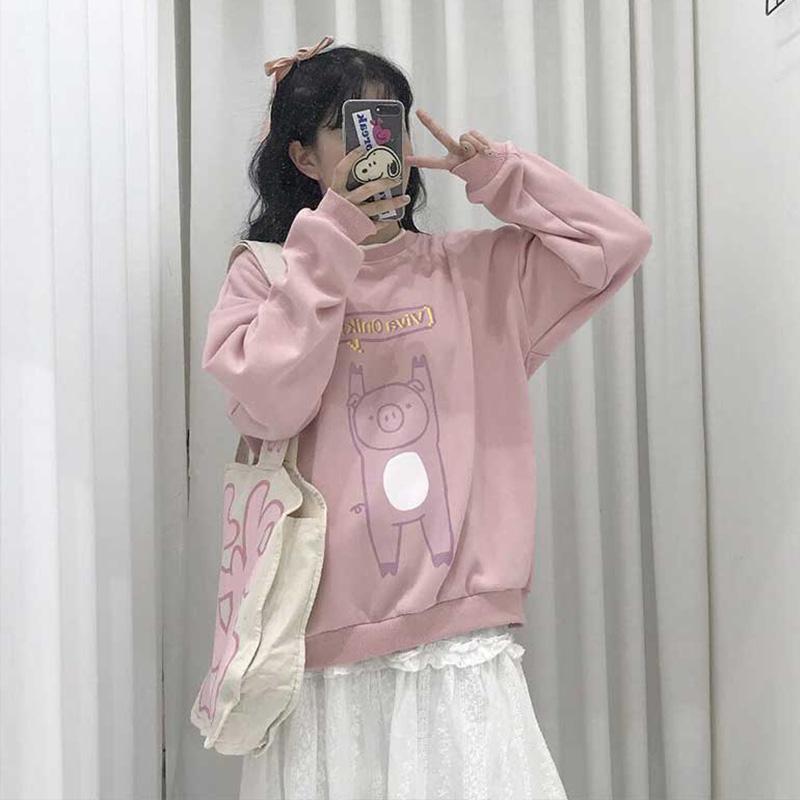 Kobine PINK / F Loses rosa Sweatshirt mit Kawaii-Schwein-Aufdruck für Damen
