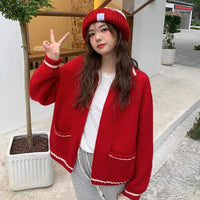 Kobine RED / F Women's Kawaii Zipepr Strawberry Knitted Cardigan