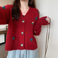 Cardigan tricoté à fleurs Kawaii Kobine RED pour femmes