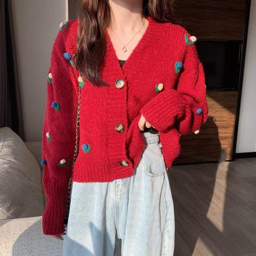 Kobine RED Women's Kawaii Floral Knitted Cardigan