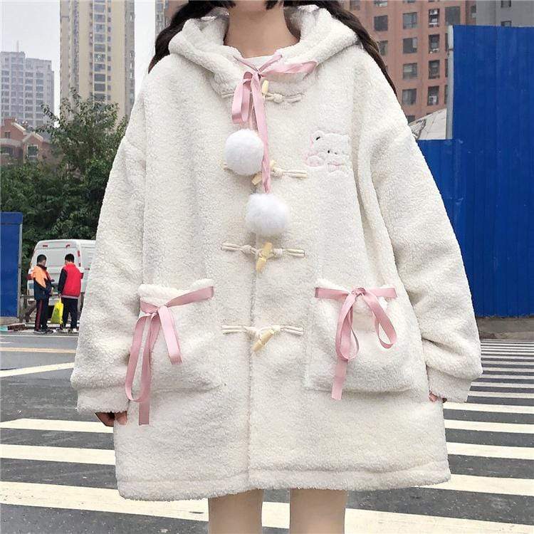 Kobine WHITE / F Women's Cute Bear Embroidered Horn Button Coat with Hood
