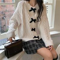 Kobine WHITE / F Women's Cute Bowknot Cable Knitted Cardigan