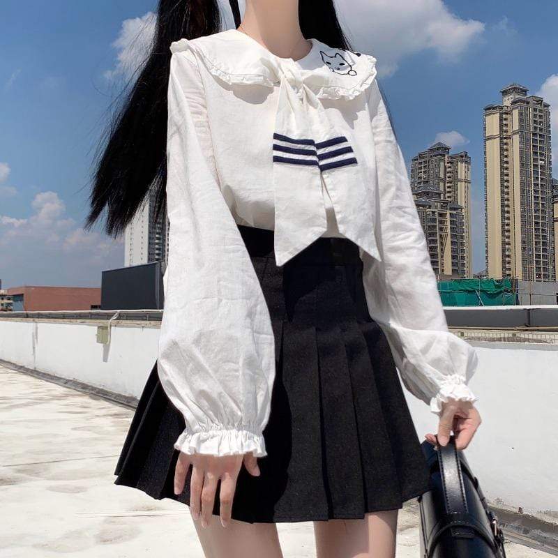 Kobine WHITE / F Camisa de falbala con cuello marinero lindo para mujer