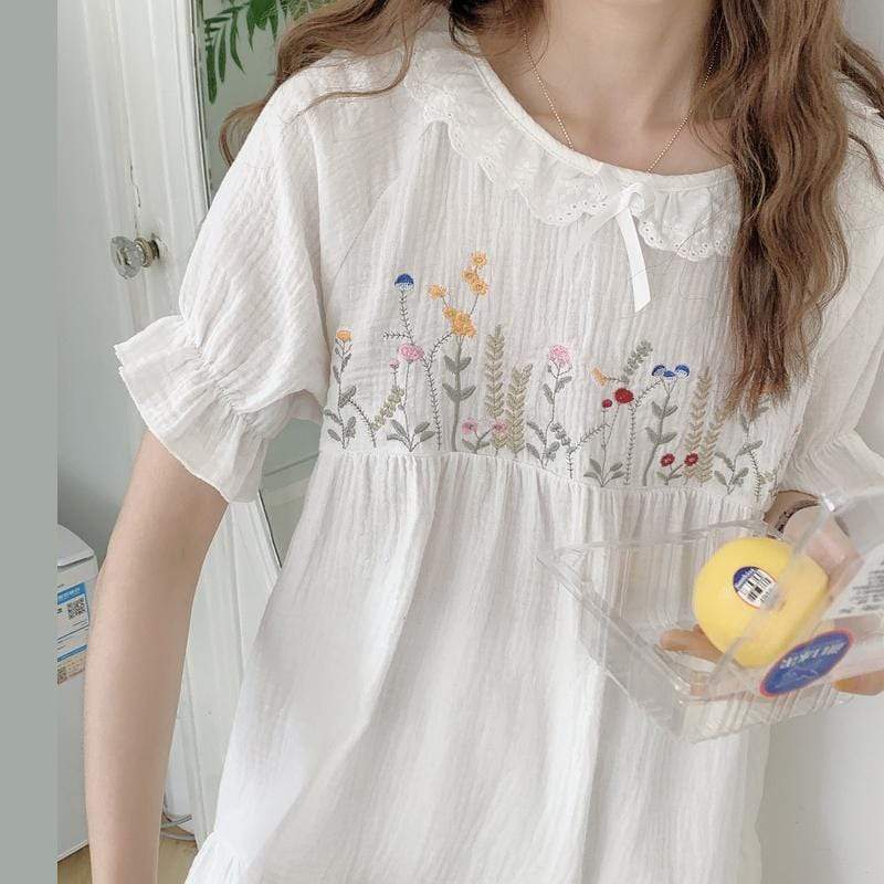 Kobine WHITE / F Women's Japanese Style Flowers Embroidery Casual Cotton Pajama Set