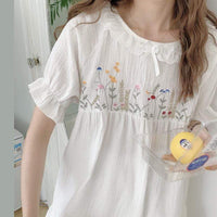 Kobine WHITE / F Conjunto de pijama informal de algodón con bordado de flores de estilo japonés para mujer