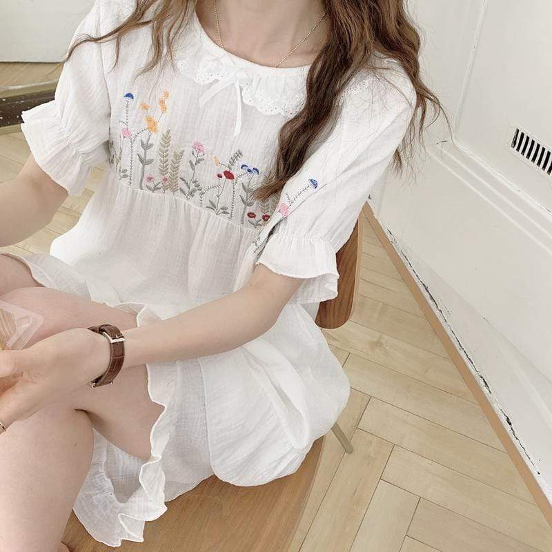 Kobine WHITE / F Women's Japanese Style Flowers Embroidery Casual Cotton Pajama Set