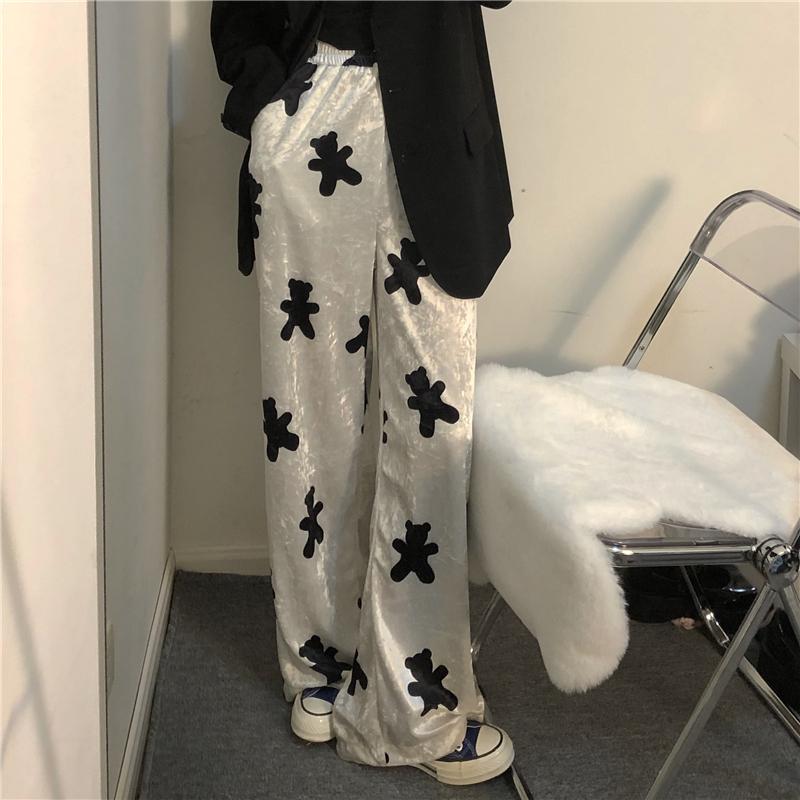 Kobine WHITE / F Pantalones holgados con estampado de osito Kawaii para mujer