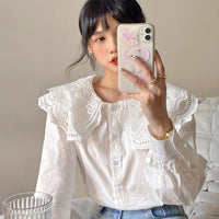 Kobine WHITE / F Women's Kawaii Doll Collar Floral Embroidered Shirt