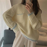 Kobine WHITE / F Women's Kawaii Double Color Creamy Sweater