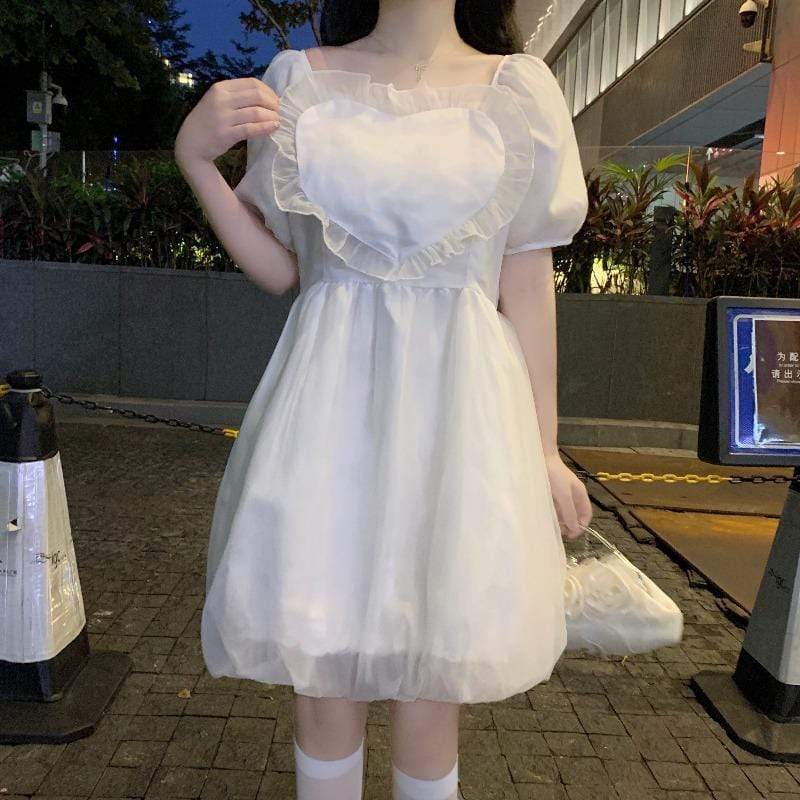 Kobine WHITE / F Damen-Kawaii-Kleid mit herzförmigem Blasensaum