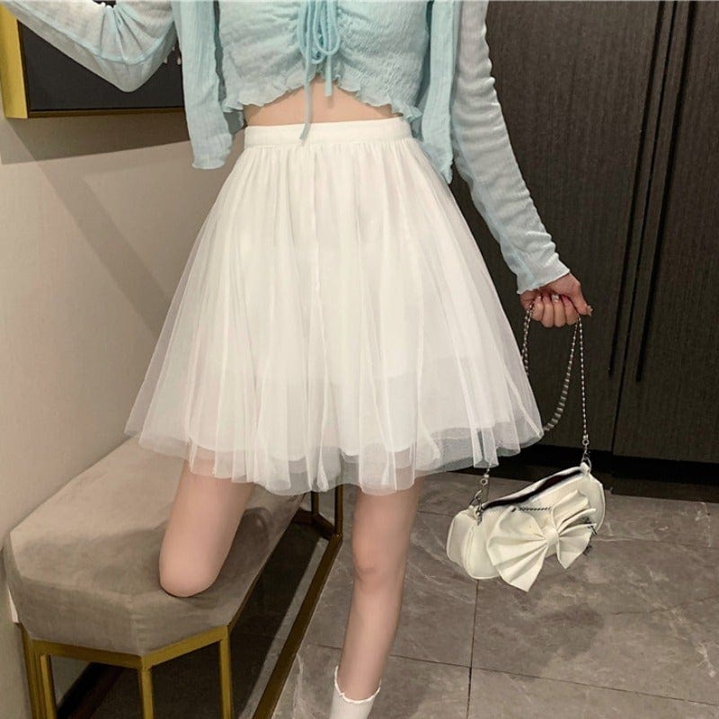 Kobine WHITE / F Women's Kawaii Mesh Pleated Mini Skirt
