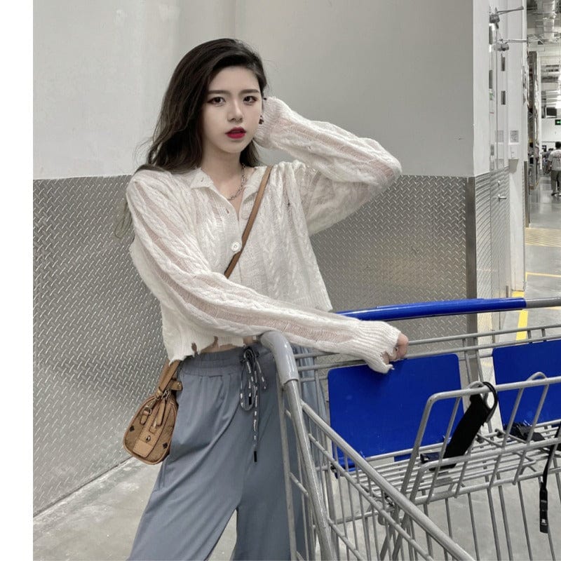 Kobine WHITE / F Women's Korean Fashion Sheer Twisted Long Sleeved Knitted Top