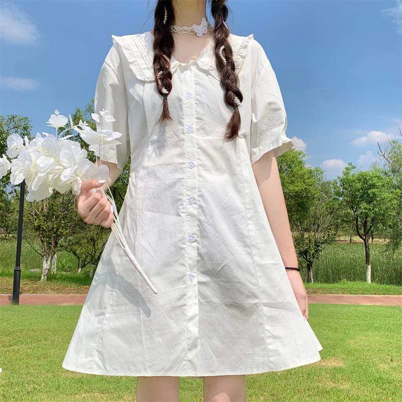 Kobine WHITE / F Women's Lolita Doll Collar High-waisted White Shirt Dresses