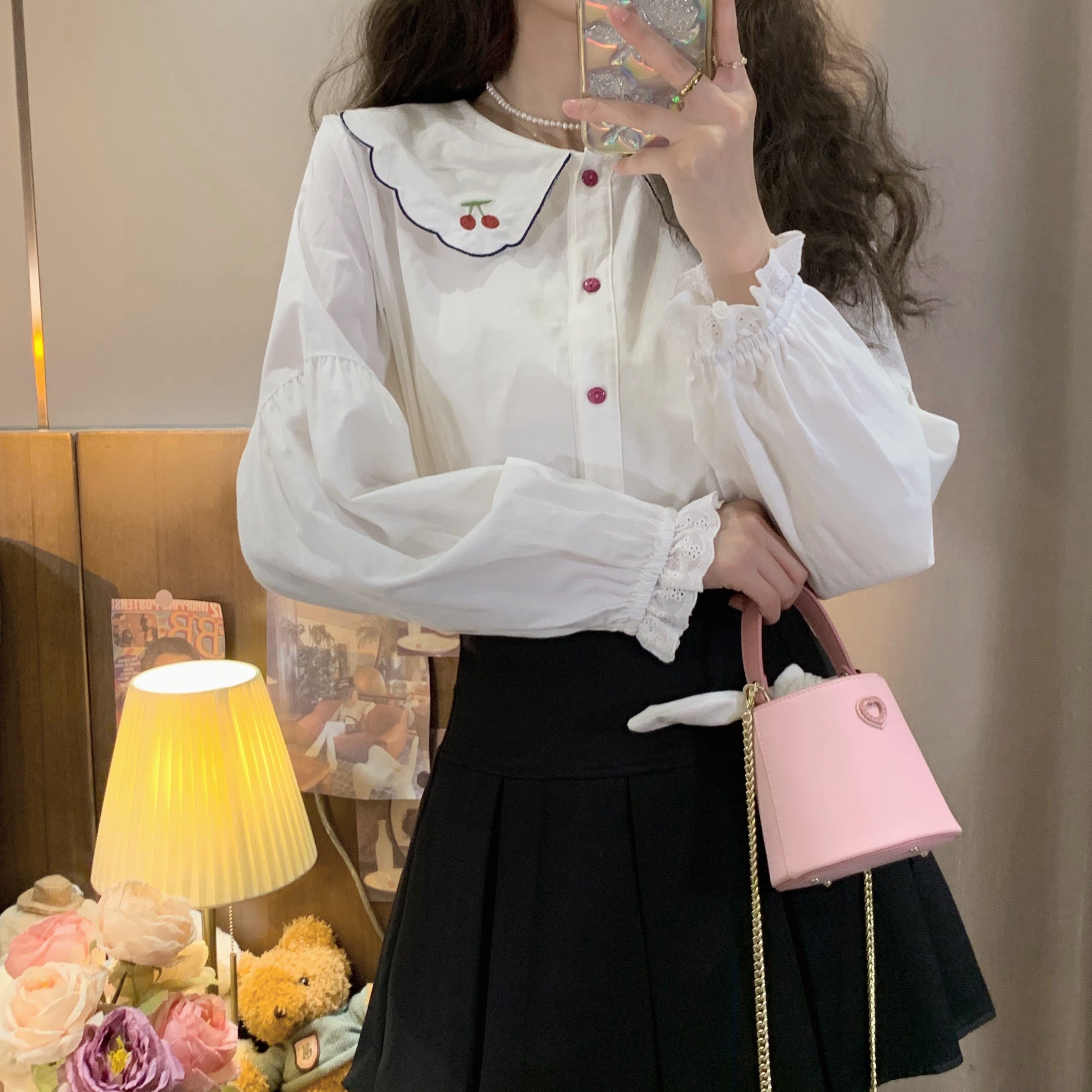 Kobine WHITE / F Chemise à manches longues Lolita Kawaii Peter Pan Cherry pour femme