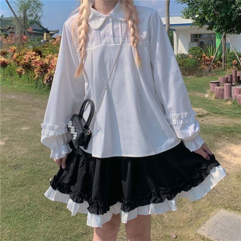 Kobine WHITE Chemise à manches longues à col claudine Lolita pour femme