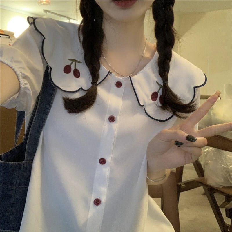 Kobine WHITE Women's Vintage Cherry Peter Pan Collar Chiffon Shirt