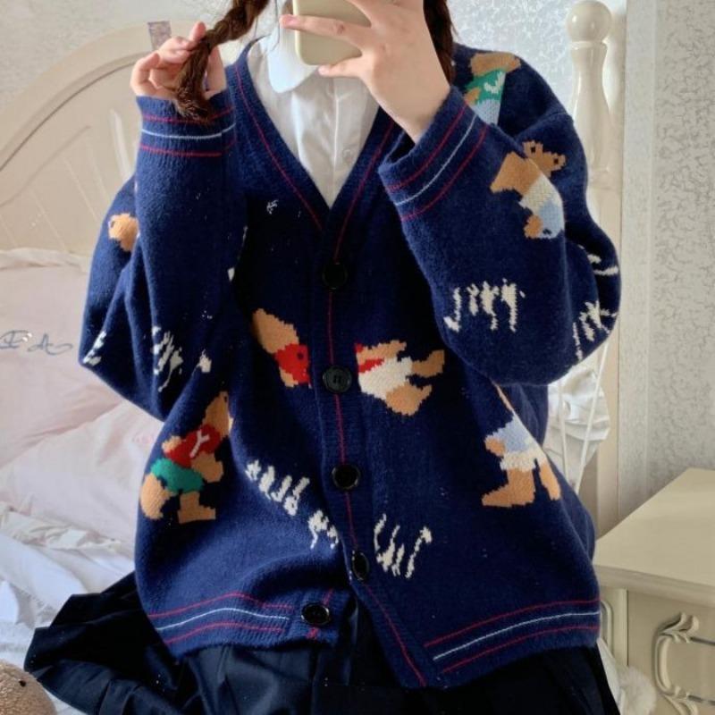 Kobine Women's Cute Bear Knitted Loose Cardigan