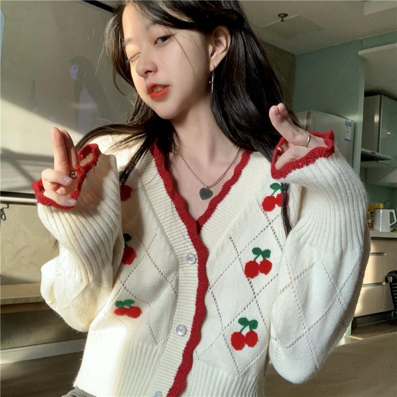 Kobine Women's Cute Cherry Knitted Cardigan