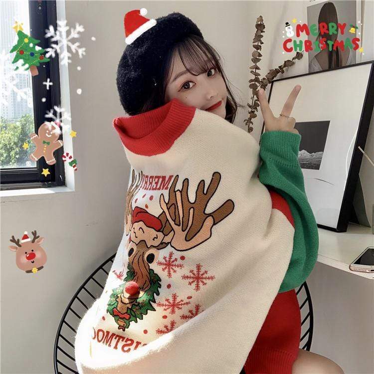 Kobine Women's Cute Christmas Elk Embroidered Sweatshirt