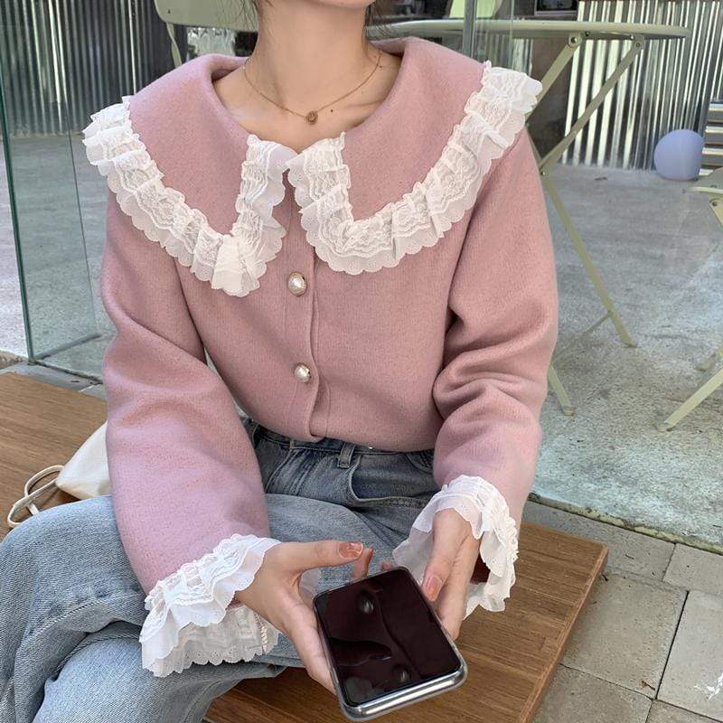 Kobine Women's Cute Doll Collar Lace Splice Cardigan