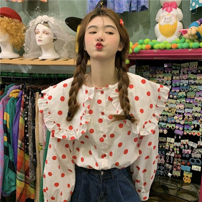 Kobine Women's Cute Doll Collar Polka Dot Shirt