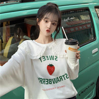 Kobine Women's Cute Doll Collar Strawberry Printed Sweatshirt