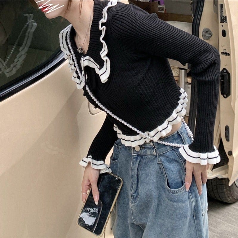 Kobine Women's Cute Doll Collar Waved Hem Knitted Crop Top