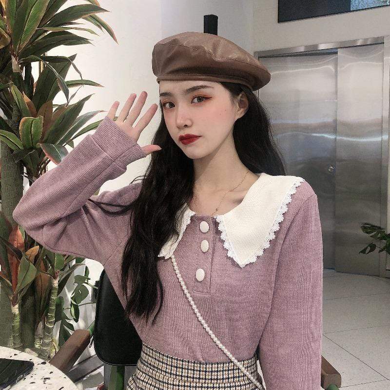 Kobine Women's Cute Double Color Doll Collar Sweater
