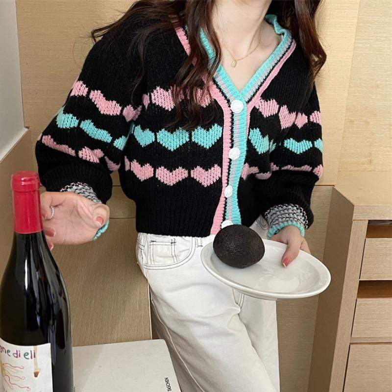 Kobine Women's Cute Double Color Heart Knitted Short Cardigan