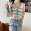 Kobine Women's Cute Double Color Heart Knitted Short Cardigan
