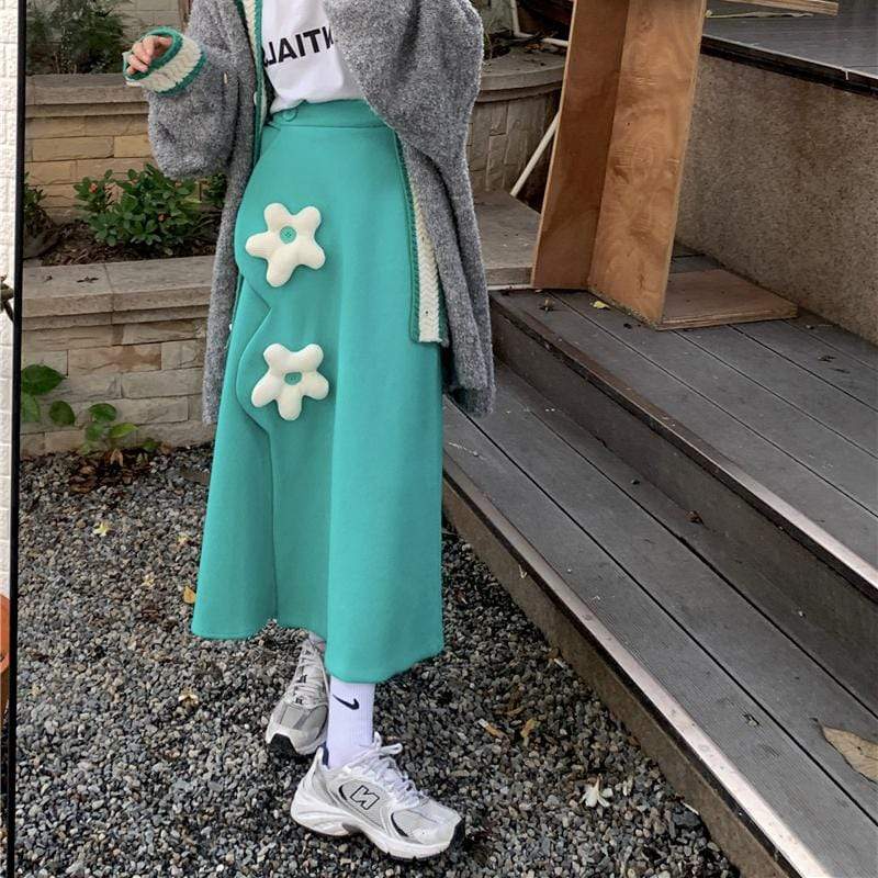 Kobine Women's Cute Floral Button Side Slit Long Skirt