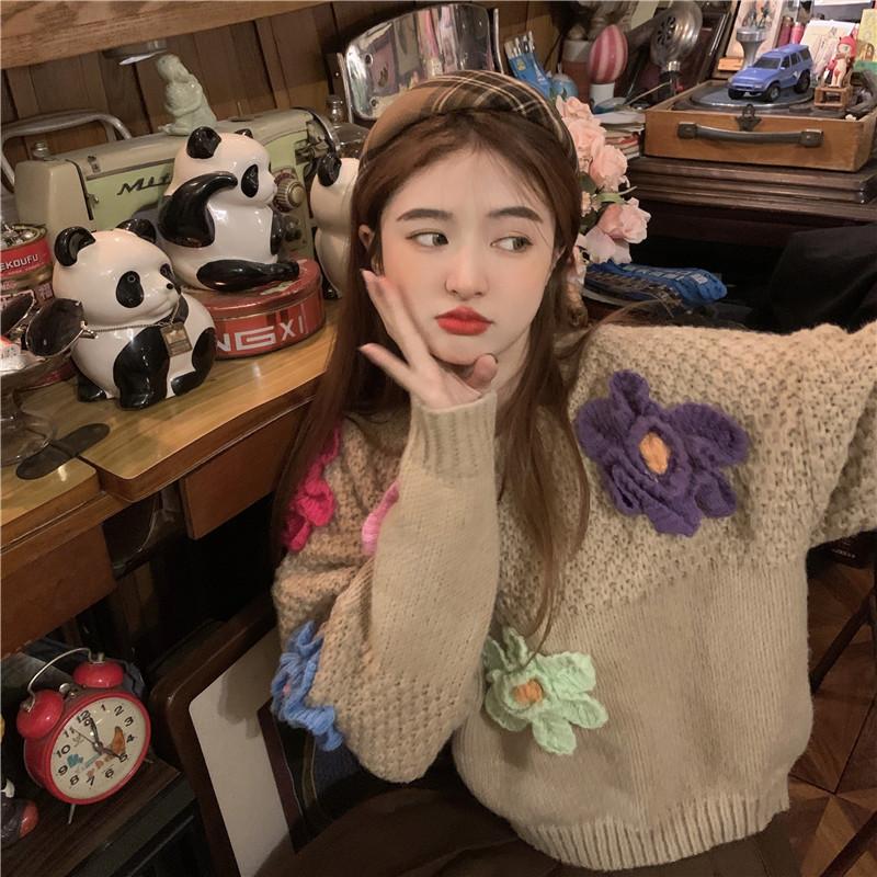 Kobine Women's Cute Floral Knitted Short Sweater