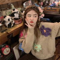 Kobine Suéter corto de punto floral lindo para mujer