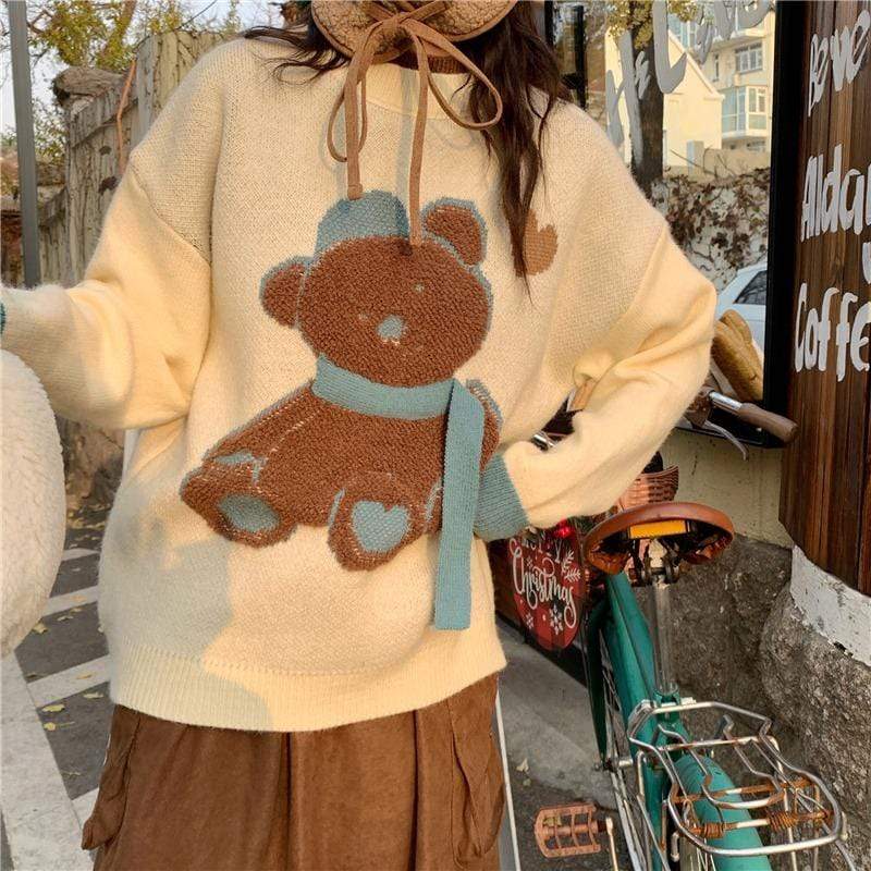 Женский вязаный свитер с милым флисовым медведем Kobine