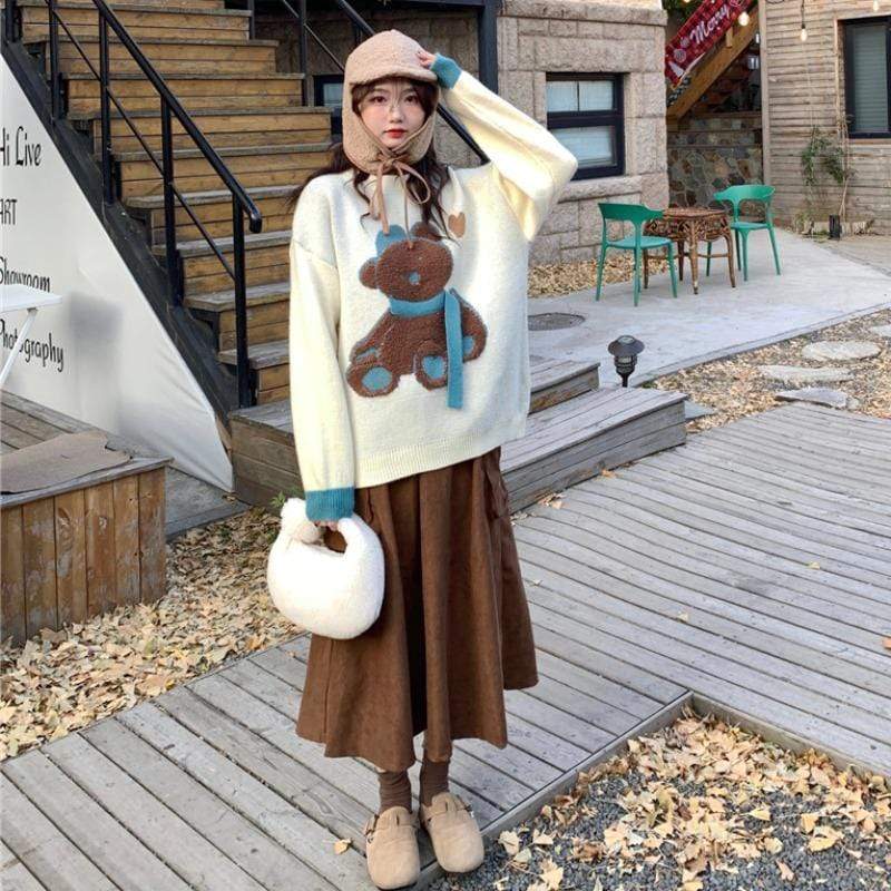 Kobine Women's Cute Polar Fleece Bear Knitted Sweater