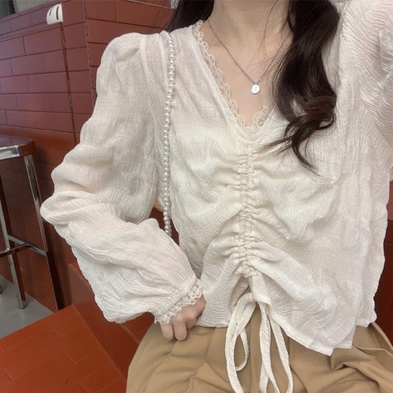 Kobine Women's Cute Puff Sleeved Drawstring Shirt