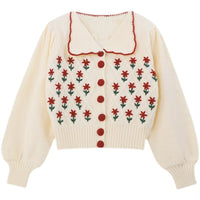 Kobine Women's Cute Puff Sleeved Floral Embroidered Cardigan