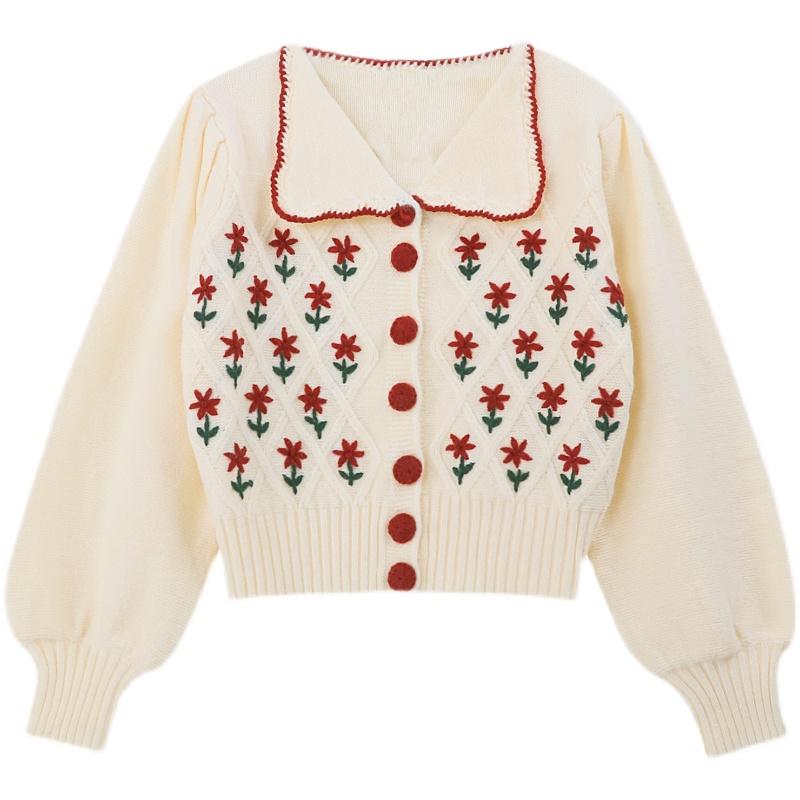Kobine Women's Cute Puff Sleeved Floral Embroidered Cardigan