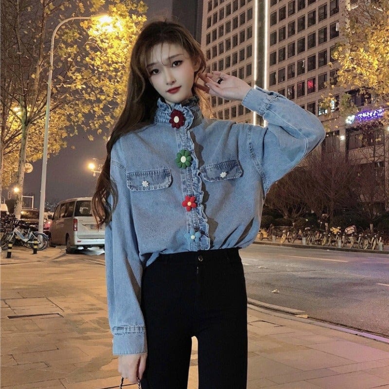 Kobine Camicia da donna con colletto alla coreana e colletto alla coreana