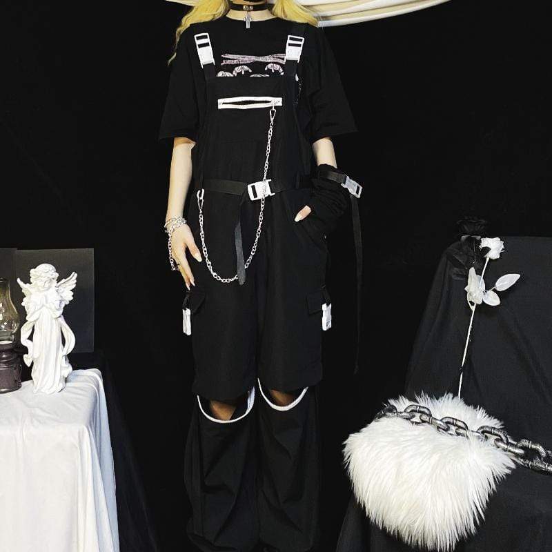 Kobine Damen Goth Black Abnehmbarer Overall mit Metallkette