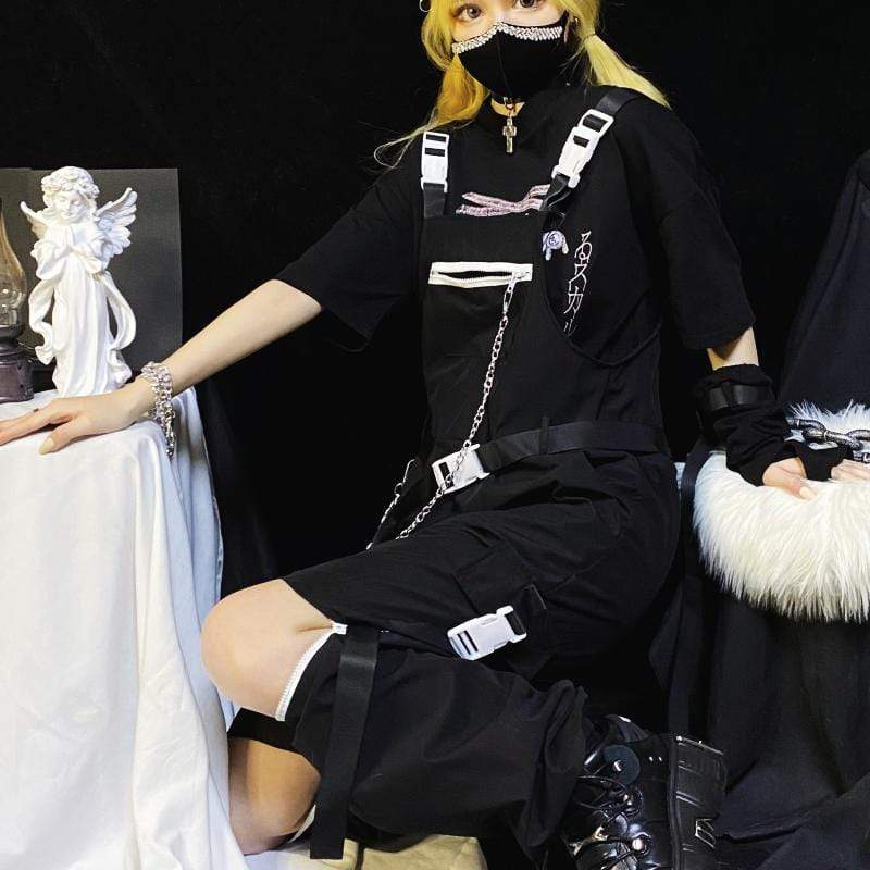 Kobine Salopette détachable Goth Black pour femmes avec chaîne en métal