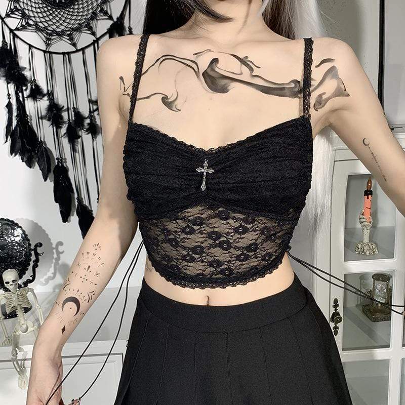 Women's Goth Cross Black Lace Crop Tops