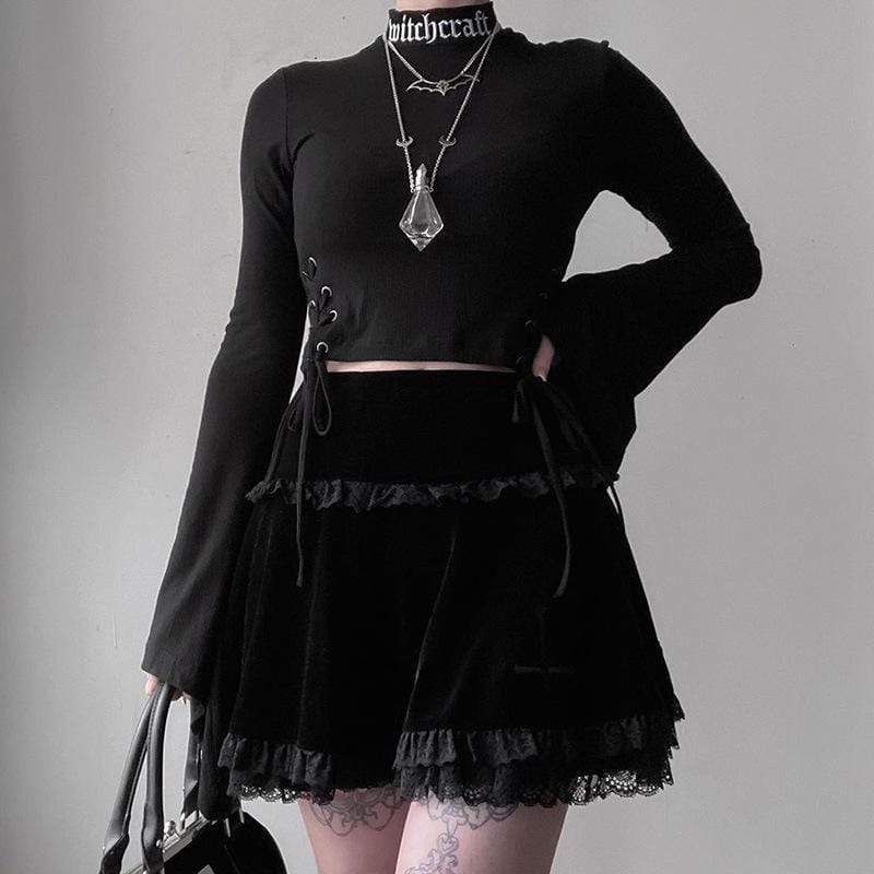 Kobine Women's Goth Cross Lace Hem Velet Pleated Skirts