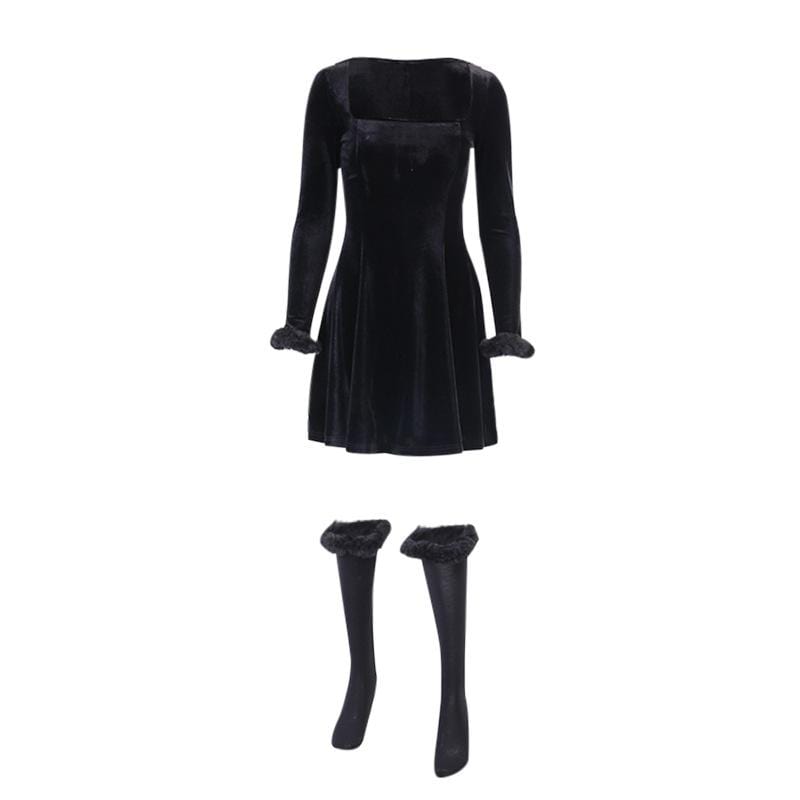 Kobine Women's Gothic Square Collar Velet Dresses With  Faux Fur Calf Socks
