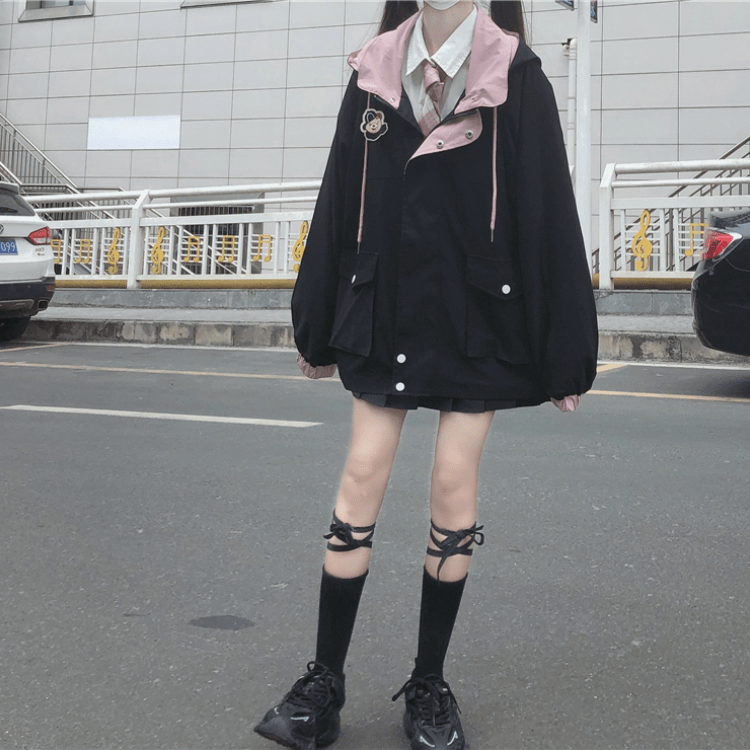 Kobine Women's Harajuku Double Color Big Pockets Loose Coat with Hood