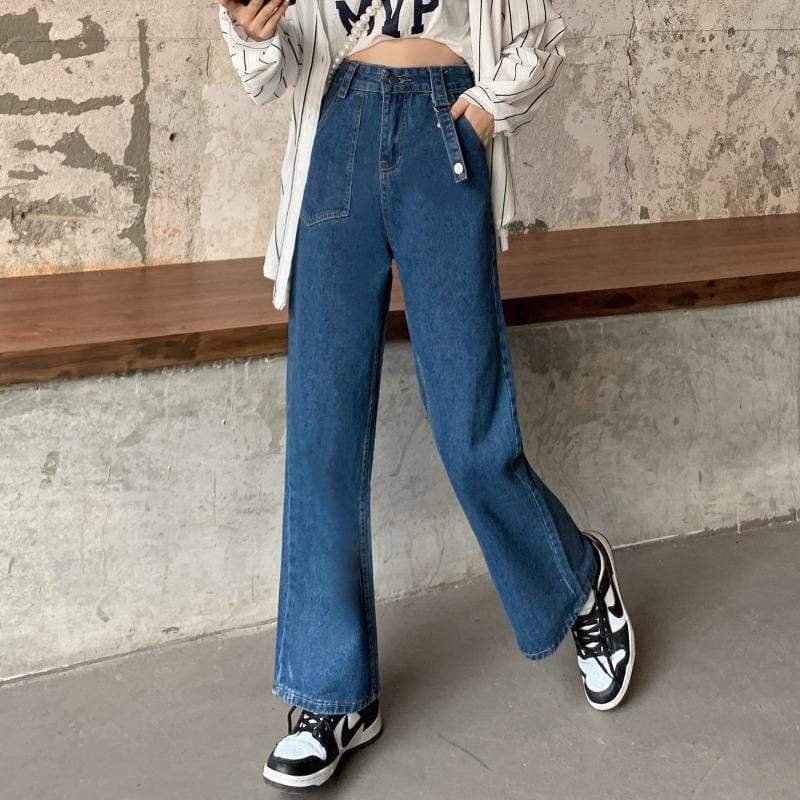 Pantalon en jean taille haute à grandes poches pour femmes Kobine Harajuku